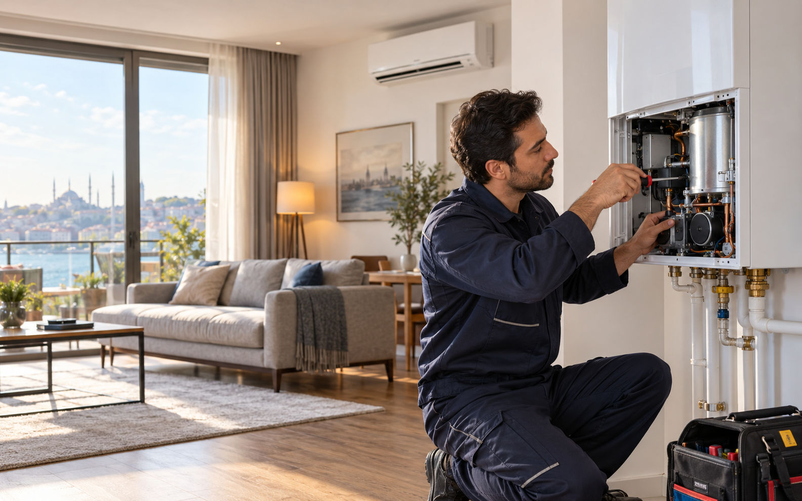 Bir evde kombi bakımı yapan profesyonel teknik servis çalışanı